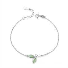 Hope Green Tree Leaves Buds Enamel Women 925 Sterling Silver Chain Bracelets